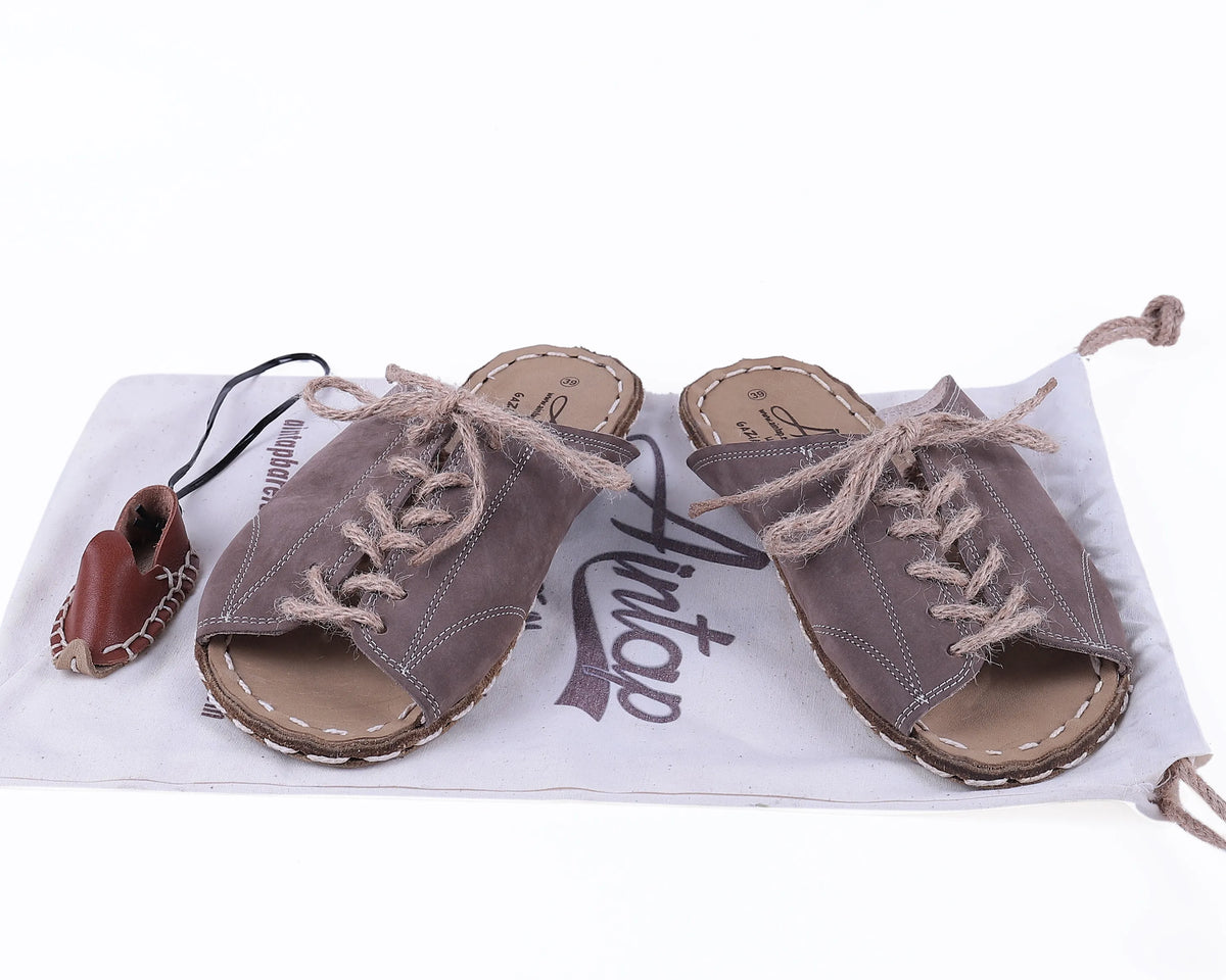 Nubuck Barefoot Laces Sandals Shoes — Leather Sole – Smoked