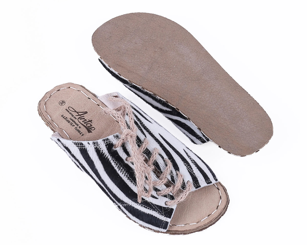 Hair Barefoot Laces Sandals Shoes — Leather Sole – Zebra
