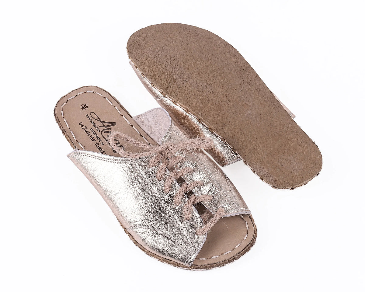 Bright Barefoot Laces Sandals Shoes — Leather Sole – Gold