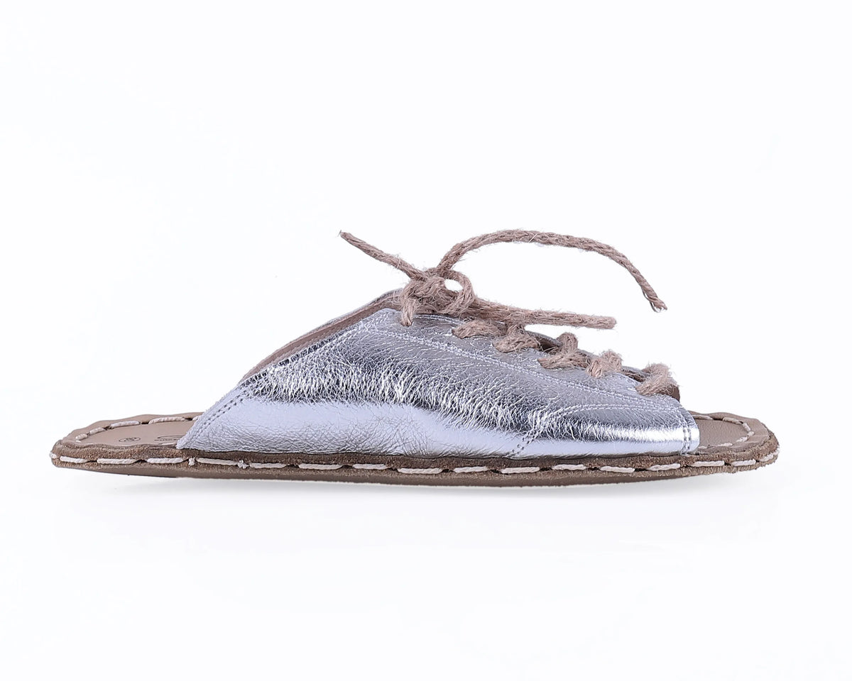 Bright Barefoot Laces Sandals Shoes — Leather Sole – Silver
