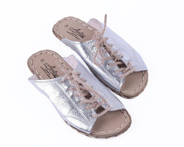 Bright Barefoot Laces Sandals Shoes — Leather Sole – Silver