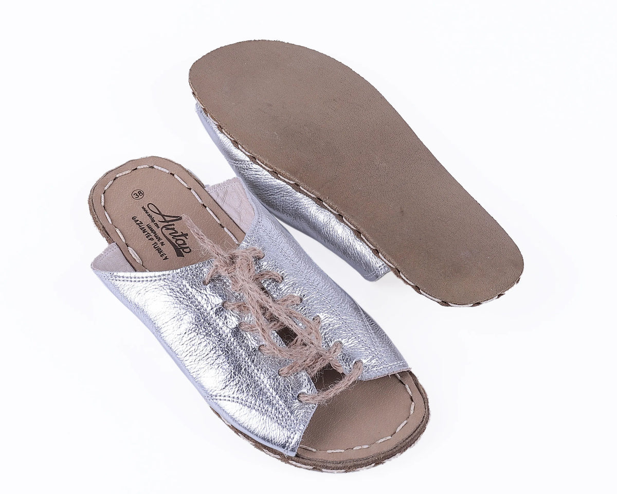 Bright Barefoot Laces Sandals Shoes — Leather Sole – Silver