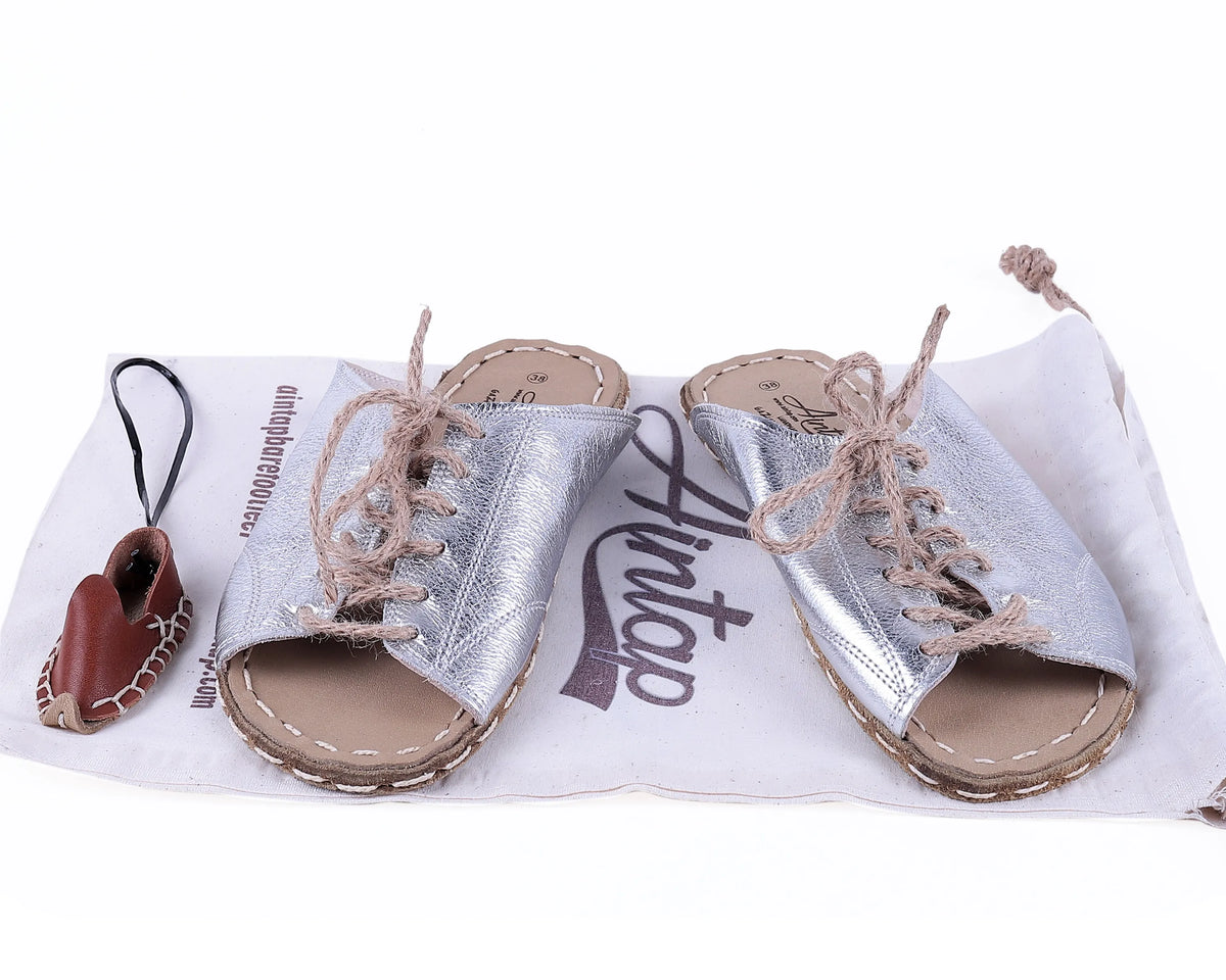 Bright Barefoot Laces Sandals Shoes — Leather Sole – Silver