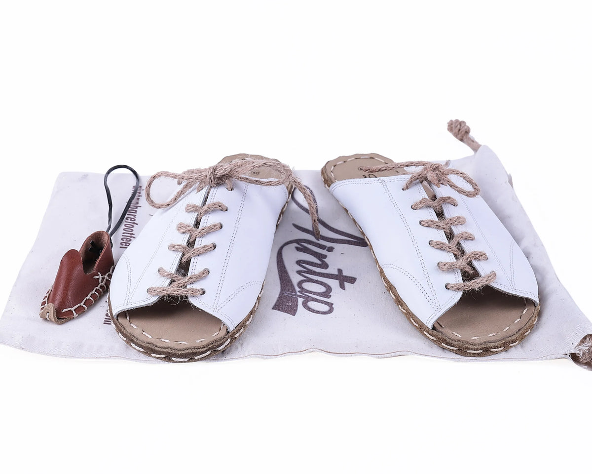 Smooth Barefoot Laces Sandals Shoes — Leather Sole – White