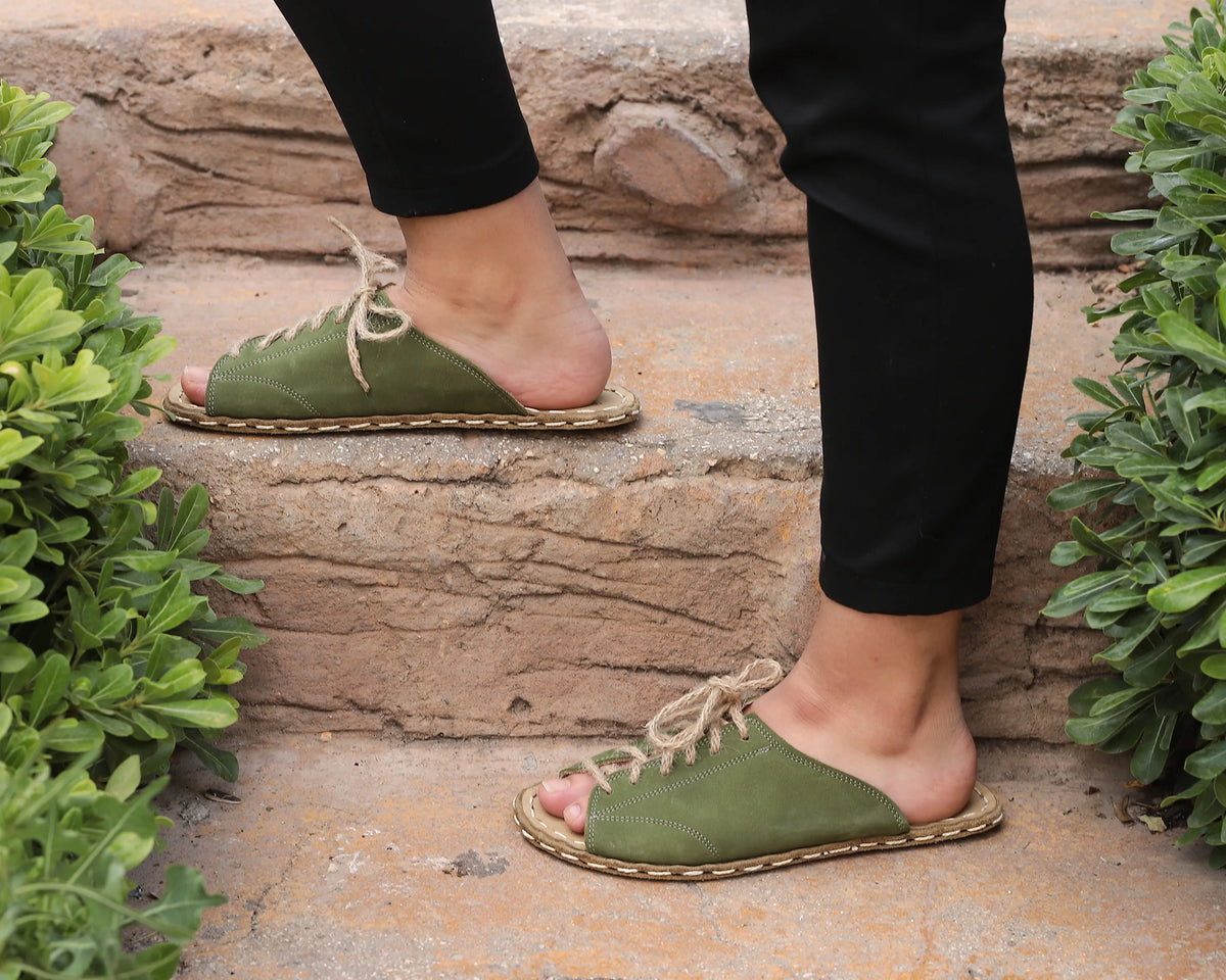 Nubuck Barefoot Laces Sandals Shoes — Leather Sole – Green