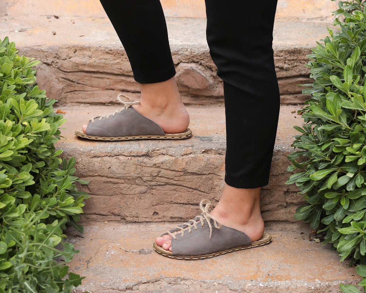 Nubuck Barefoot Laces Sandals Shoes — Leather Sole – Gray