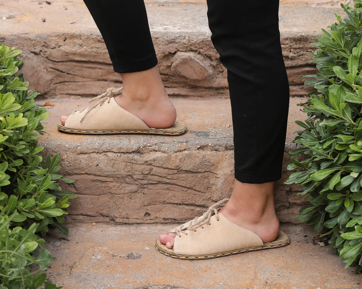 Nubuck Barefoot Laces Sandals Shoes — Leather Sole – Cream