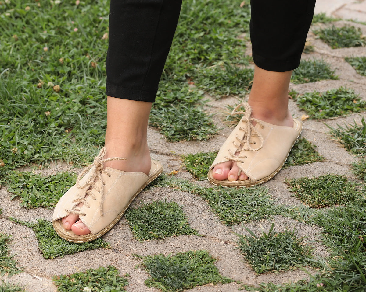 Nubuck Barefoot Laces Sandals Shoes — Leather Sole – Cream