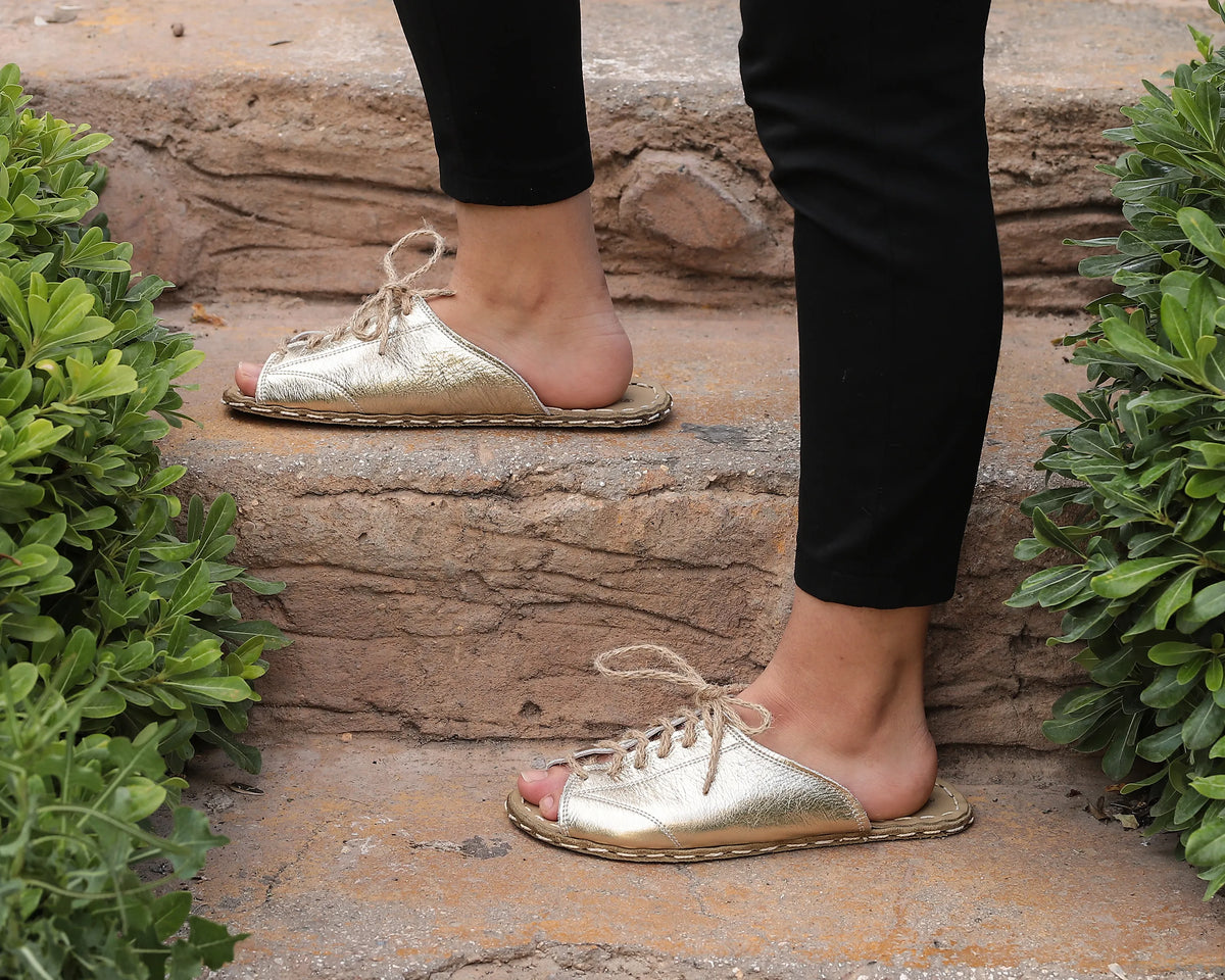 Bright Barefoot Laces Sandals Shoes — Leather Sole – Gold