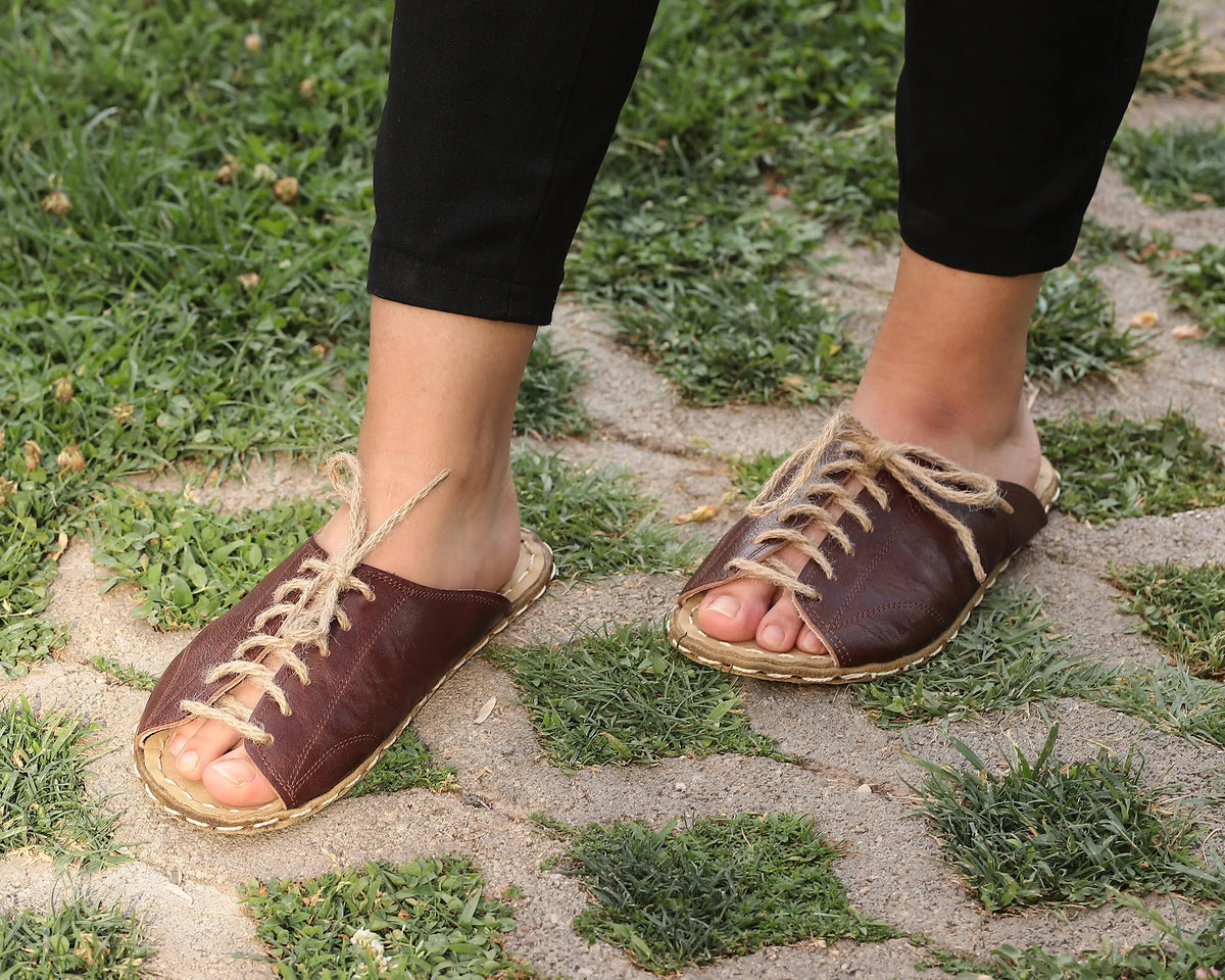 Smooth Barefoot Laces Sandals Shoes — Leather Sole – Dark Brown