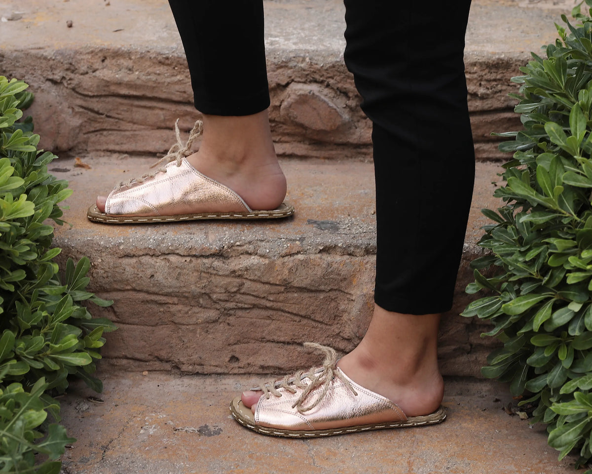 Bright Barefoot Laces Sandals Shoes — Leather Sole – Rose Gold