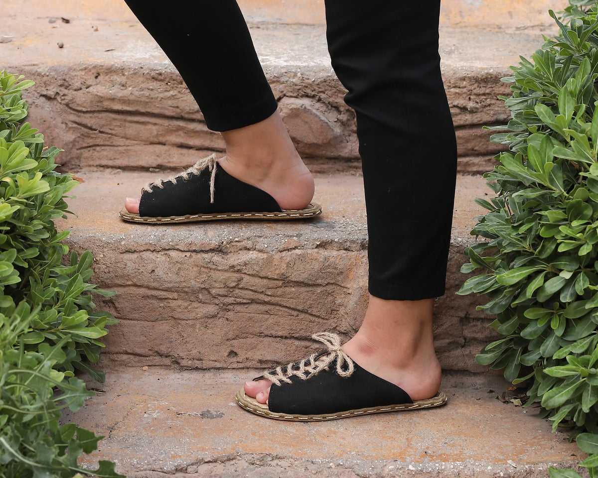 Nubuck Barefoot Laces Sandals Shoes — Leather Sole – Black