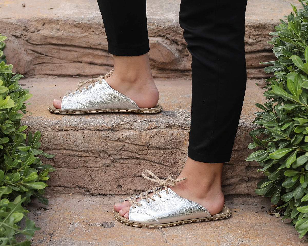 Bright Barefoot Laces Sandals Shoes — Leather Sole – Silver