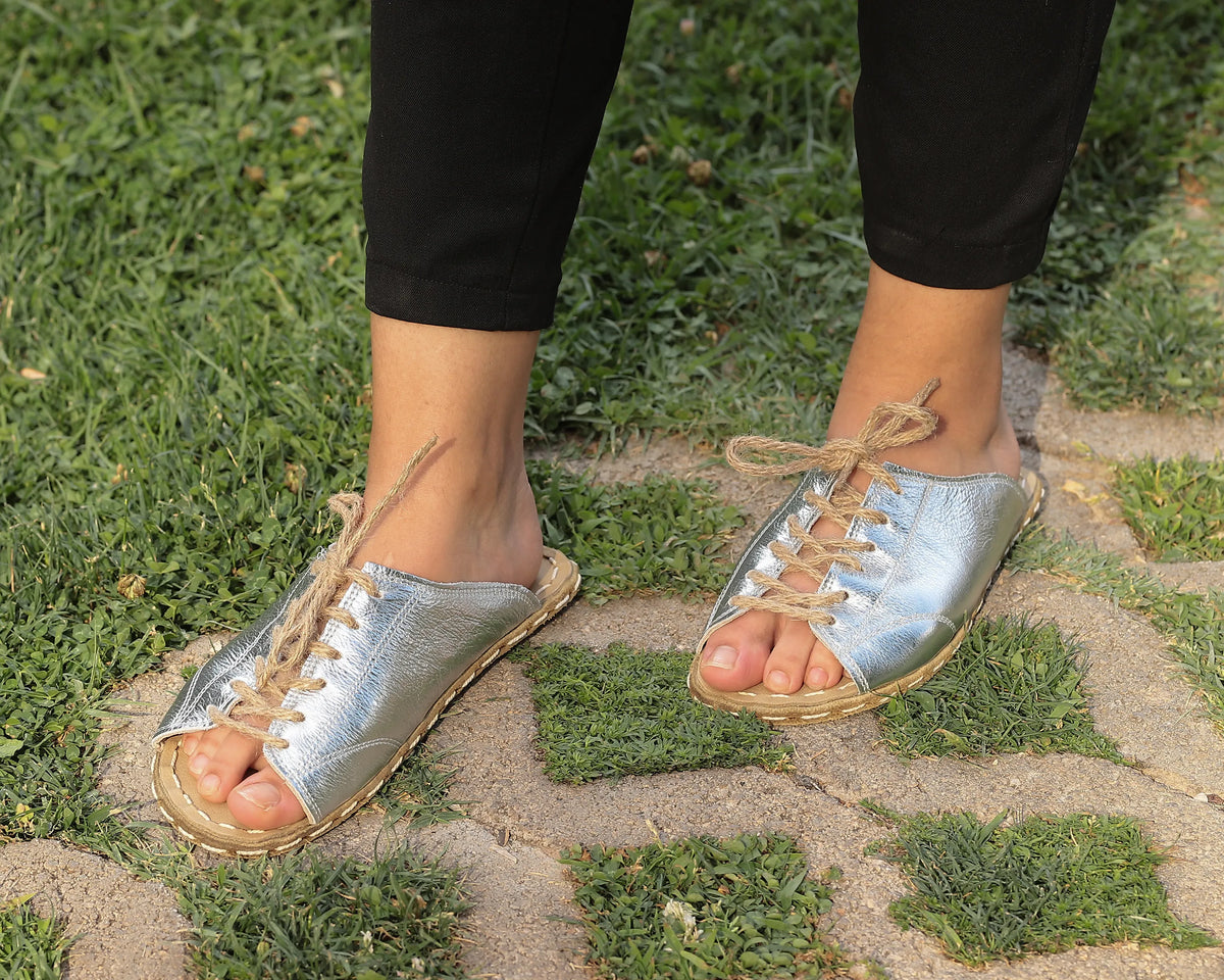 Bright Barefoot Laces Sandals Shoes — Leather Sole – Silver