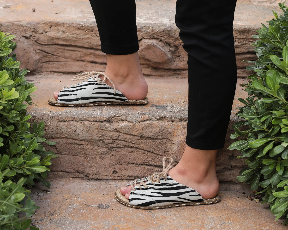 Hair Barefoot Laces Sandals Shoes — Leather Sole – Zebra