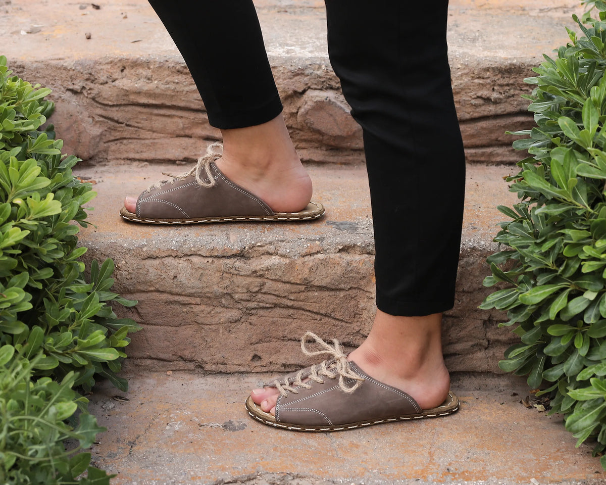 Nubuck Barefoot Laces Sandals Shoes — Leather Sole – Smoked