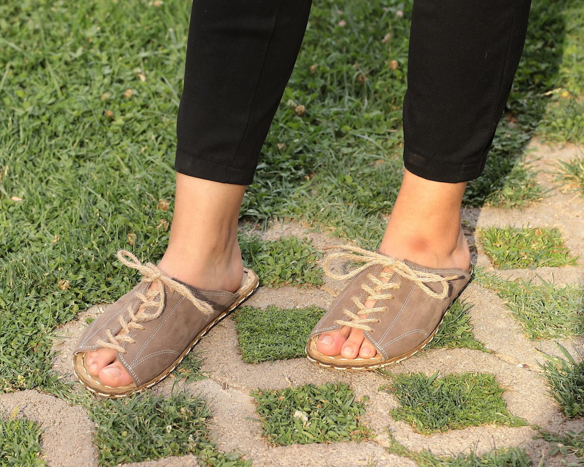 Nubuck Barefoot Laces Sandals Shoes — Leather Sole – Smoked