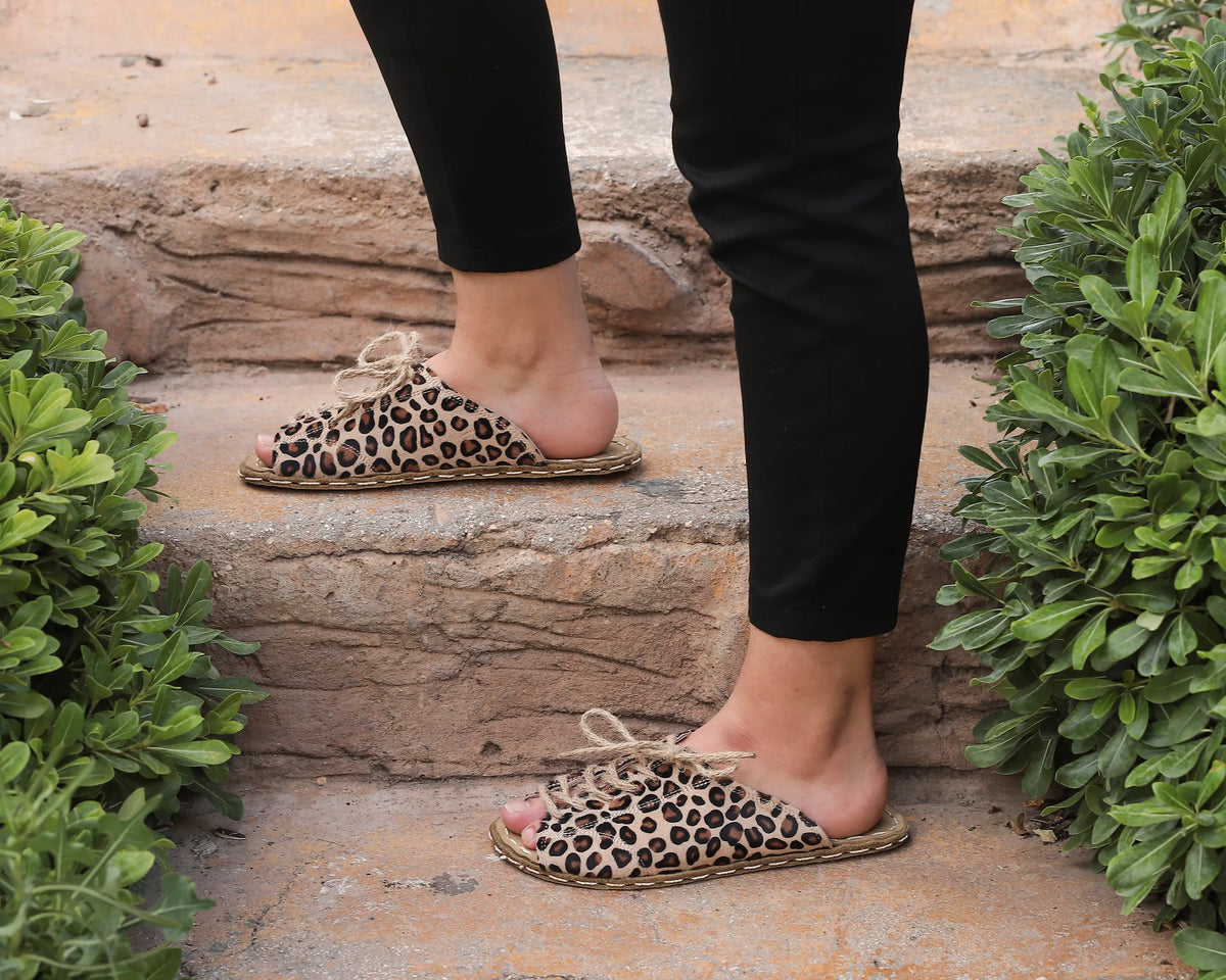 Hair Barefoot Laces Sandals Shoes — Leather Sole – Leopard