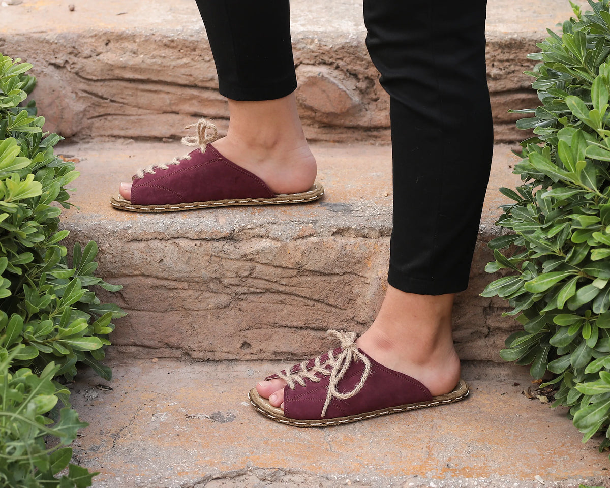Nubuck Barefoot Laces Sandals Shoes — Leather Sole – Burgundy