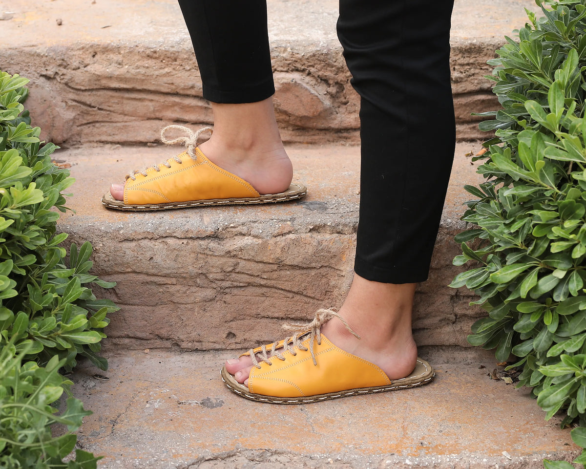 Smooth Barefoot Laces Sandals Shoes — Leather Sole – Mustard