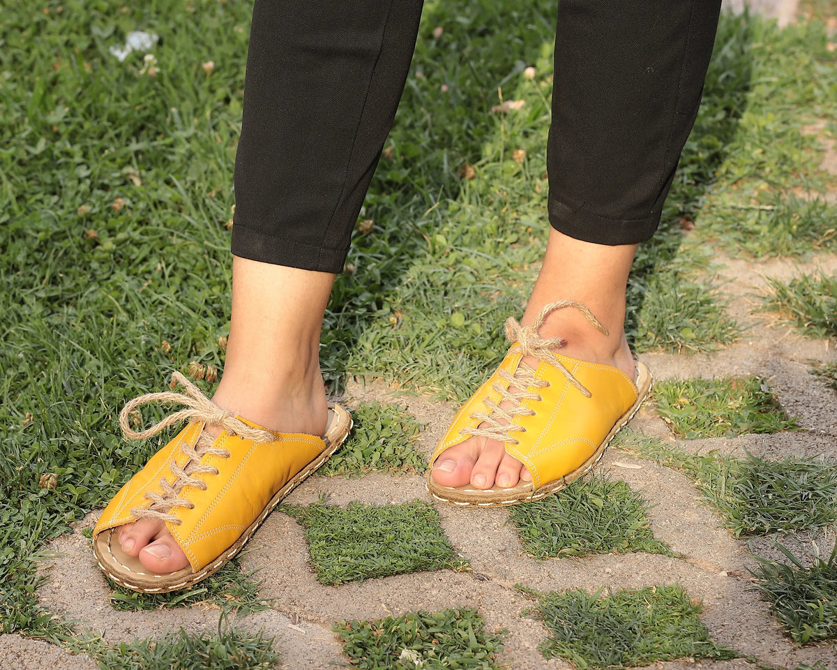 Smooth Barefoot Laces Sandals Shoes — Leather Sole – Mustard