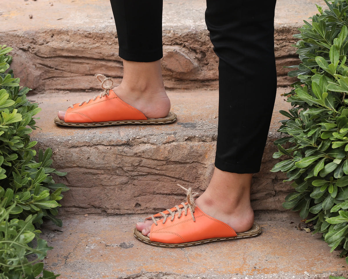 Smooth Barefoot Laces Sandals Shoes — Leather Sole – Orange