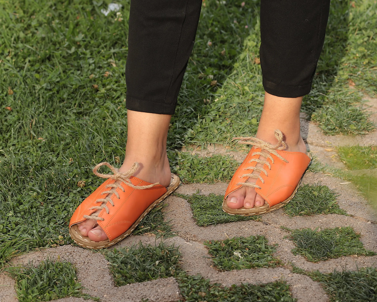 Smooth Barefoot Laces Sandals Shoes — Leather Sole – Orange