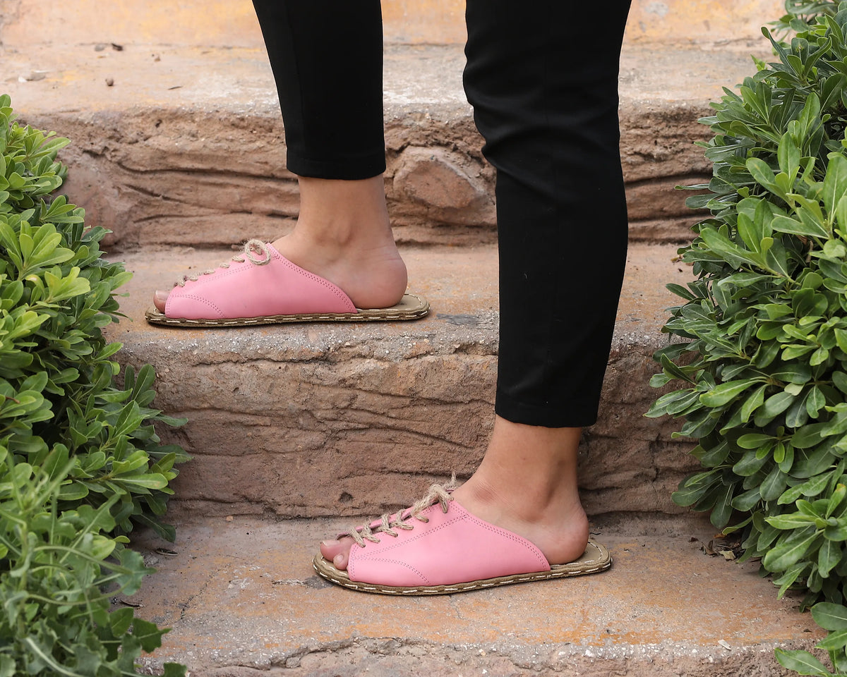 Smooth Barefoot Laces Sandals Shoes — Leather Sole – Pink