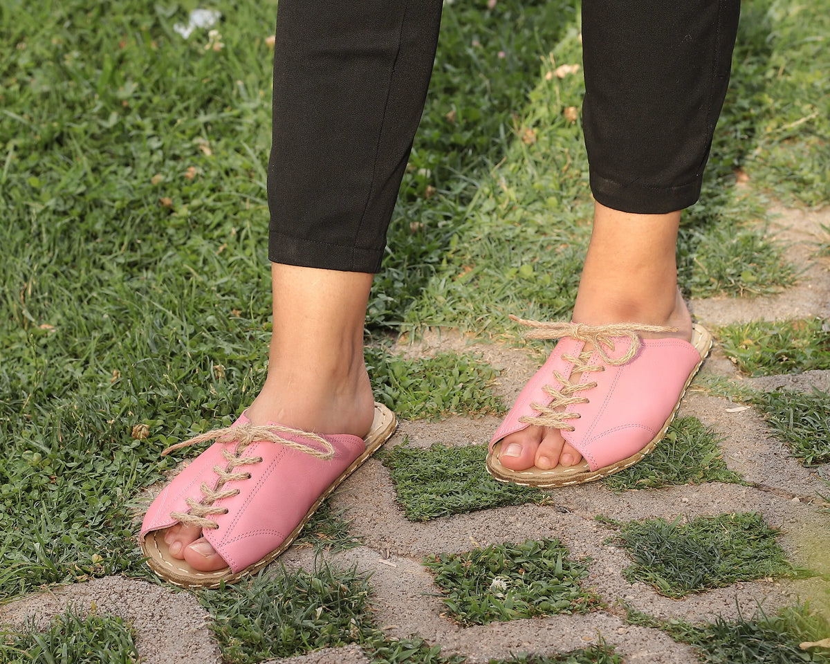 Smooth Barefoot Laces Sandals Shoes — Leather Sole – Pink
