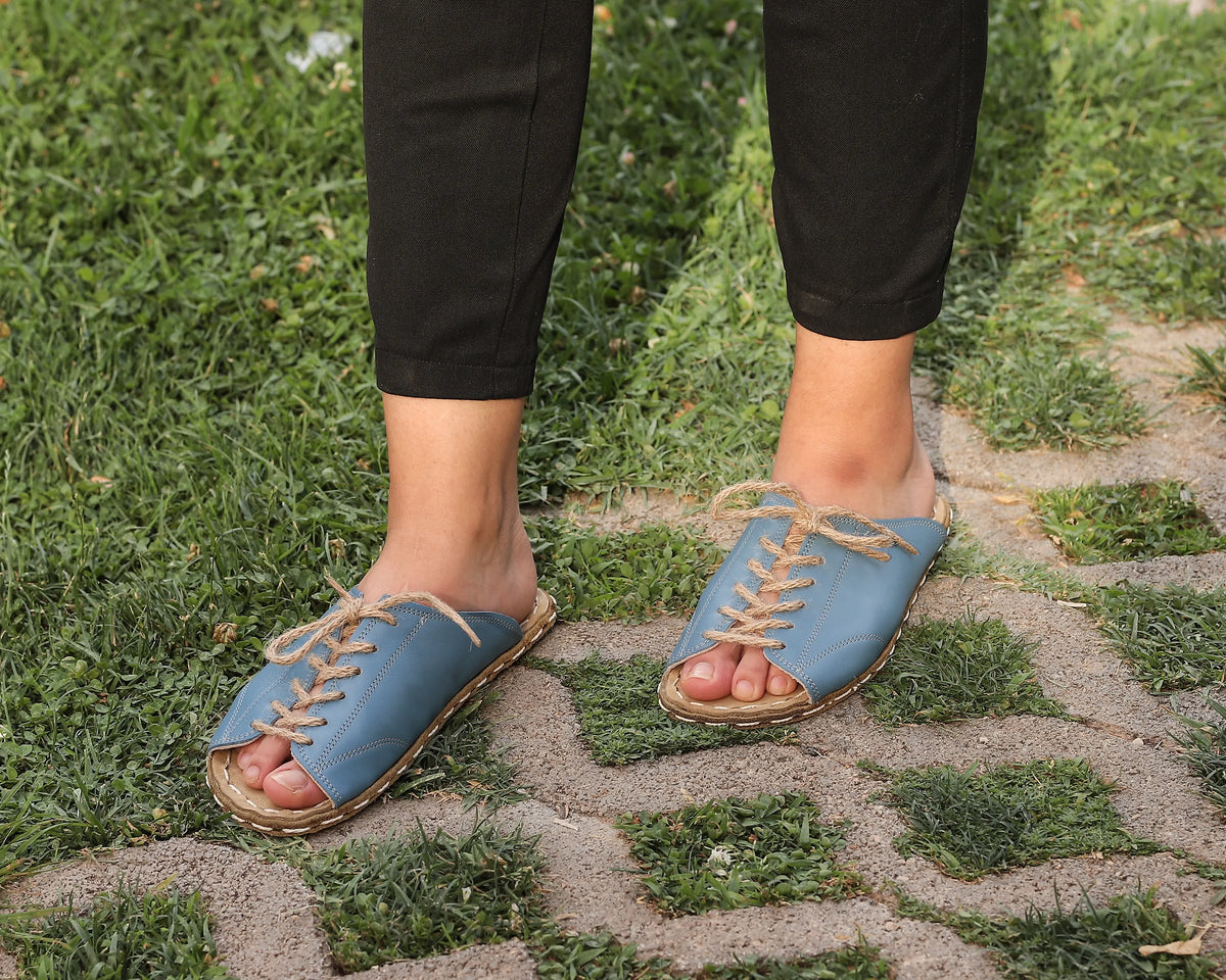 Smooth Barefoot Laces Sandals Shoes — Leather Sole – Bright Blue