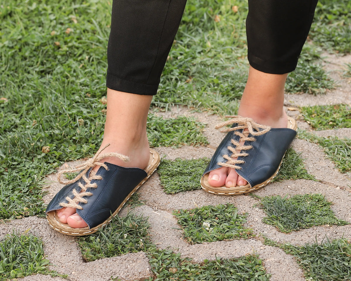 Smooth Barefoot Laces Sandals Shoes — Leather Sole – Navy Blue