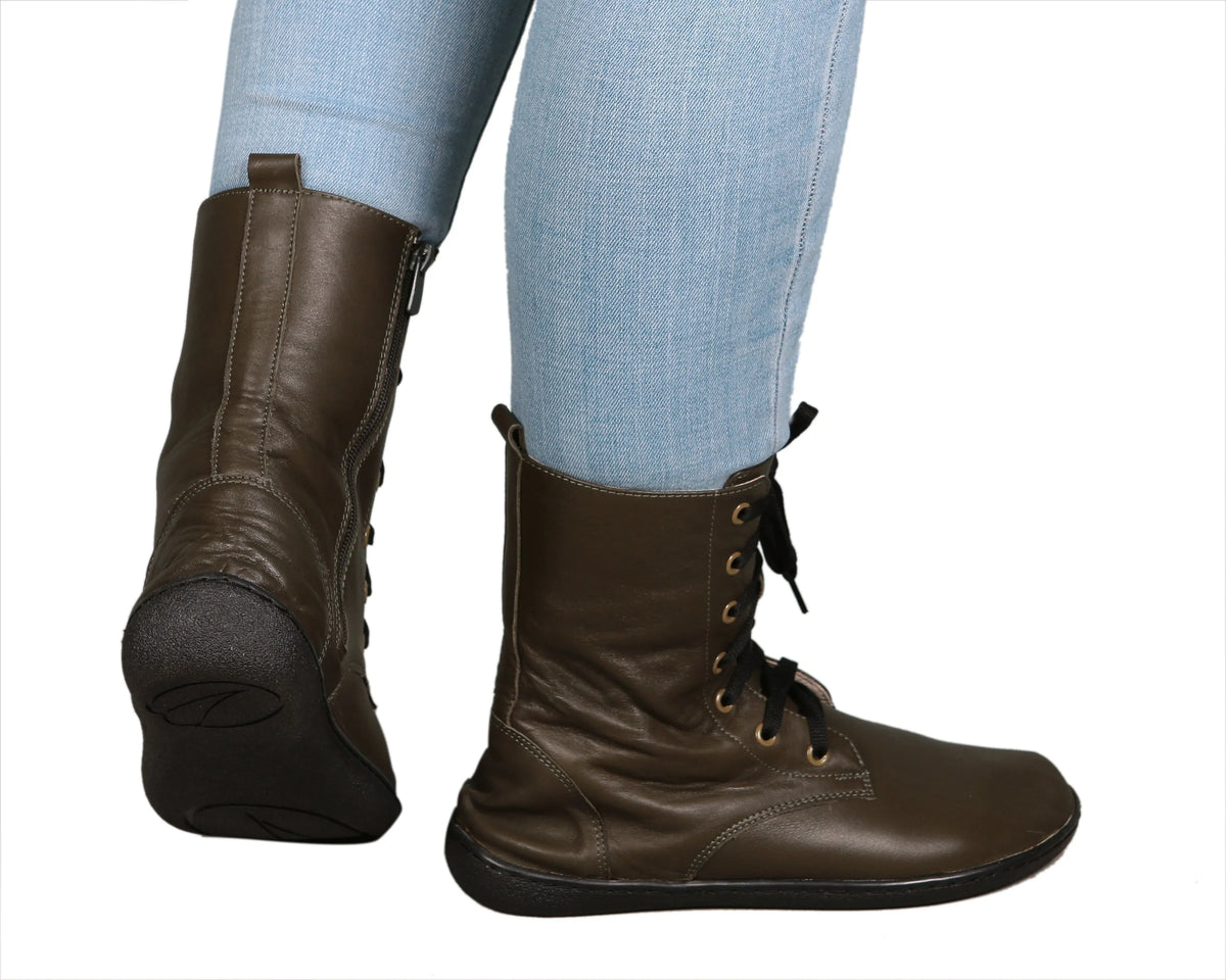 Smooth Barefoot Long Boots Shoes – 6mm Rubber Sole – Olive Green