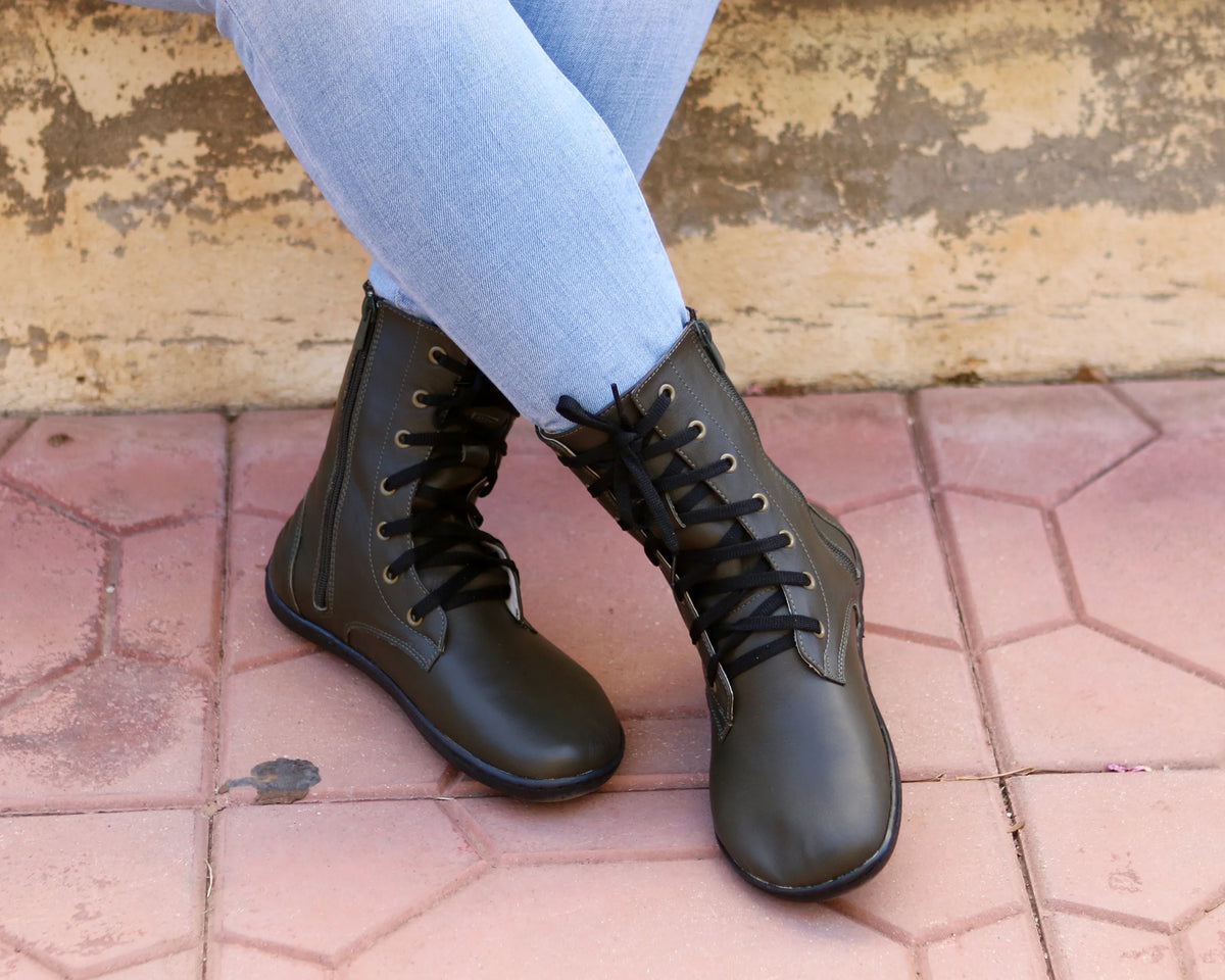 Smooth Barefoot Long Boots Shoes – 6mm Rubber Sole – Olive Green