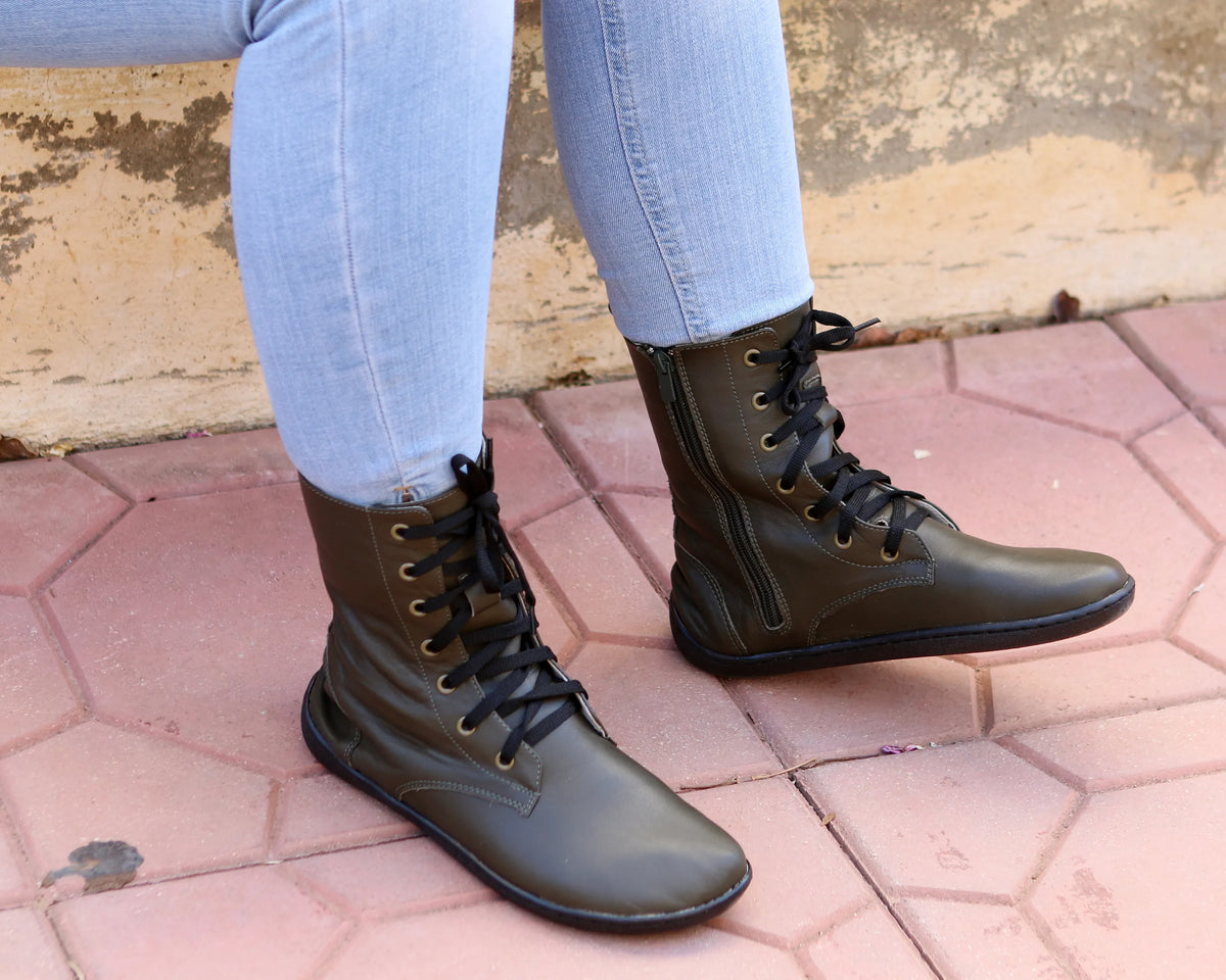 Smooth Barefoot Long Boots Shoes – 6mm Rubber Sole – Olive Green