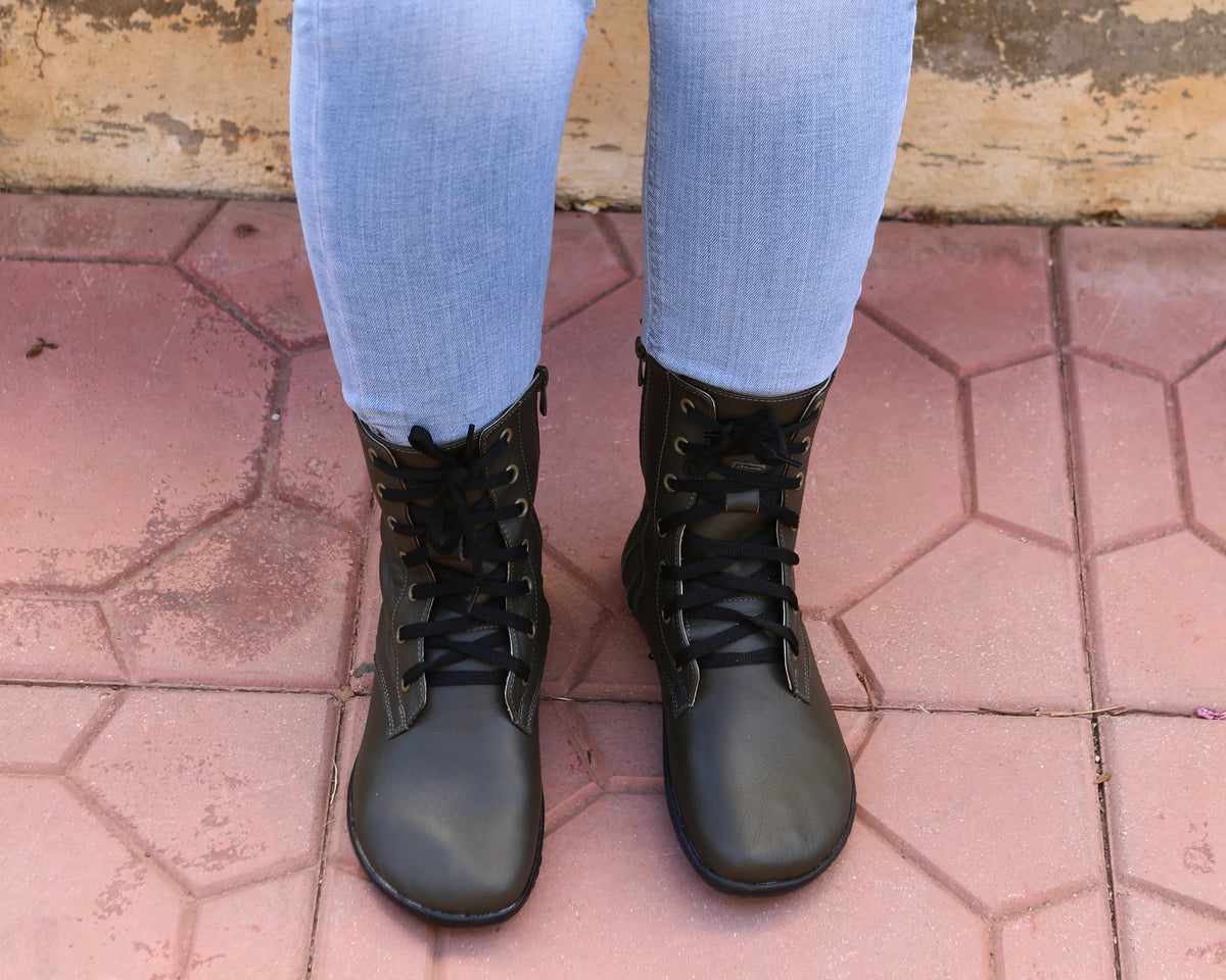 Smooth Barefoot Long Boots Shoes – 6mm Rubber Sole – Olive Green