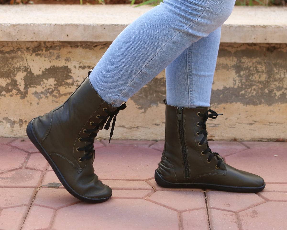 Smooth Barefoot Long Boots Shoes – 6mm Rubber Sole – Olive Green