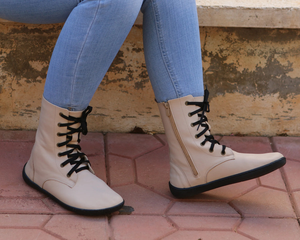 Smooth Barefoot Long Boots Shoes – 6mm Rubber Sole – Cream