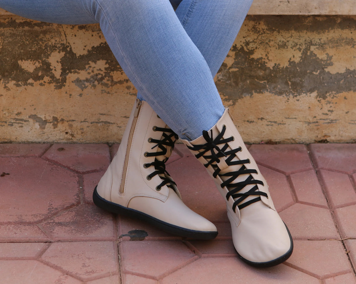 Smooth Barefoot Long Boots Shoes – 6mm Rubber Sole – Cream