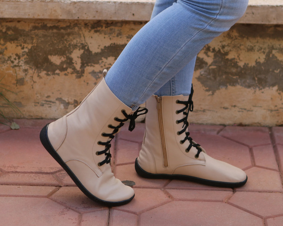 Smooth Barefoot Long Boots Shoes – 6mm Rubber Sole – Cream
