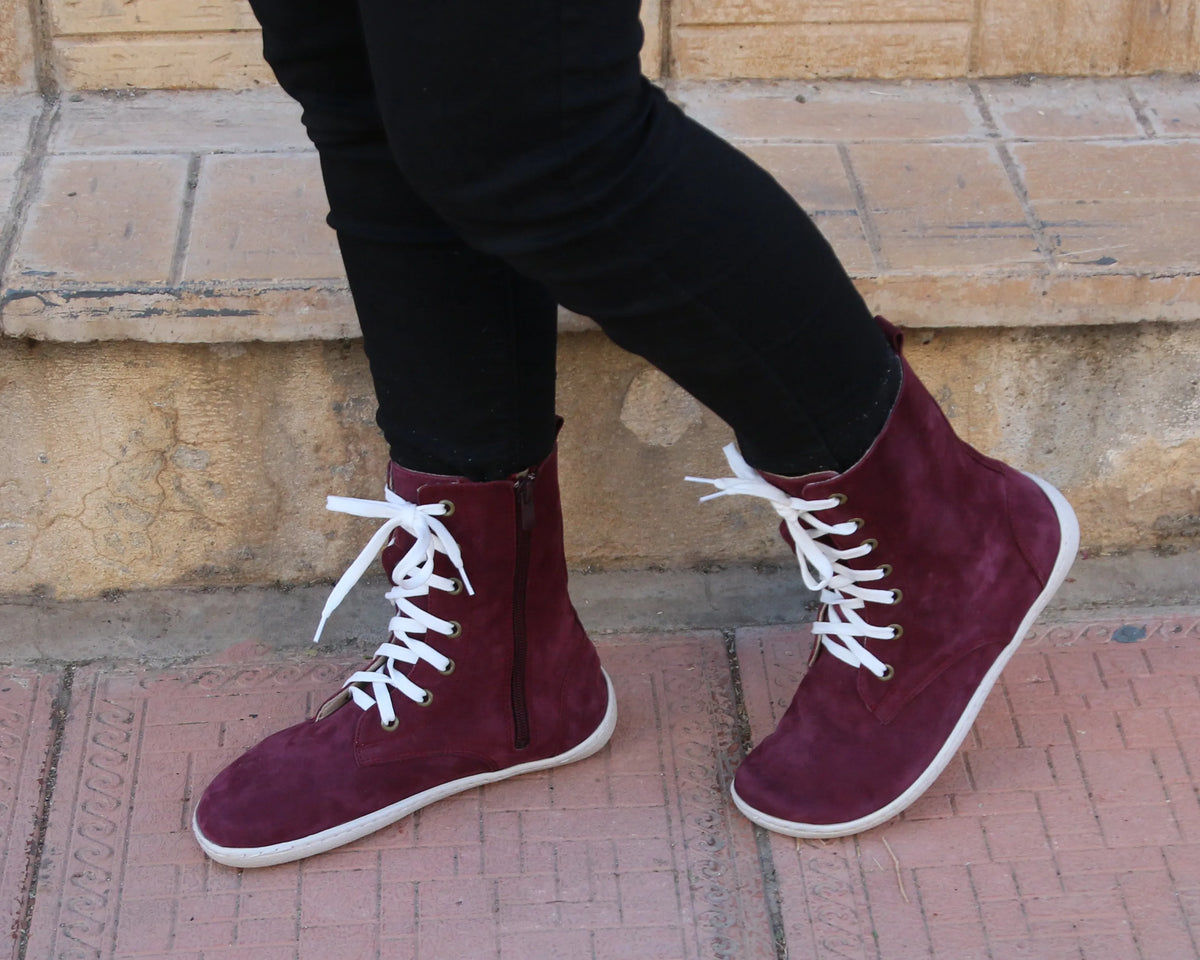 Nubuck Barefoot Long Boots Shoes – 6mm Rubber Sole – Burgundy