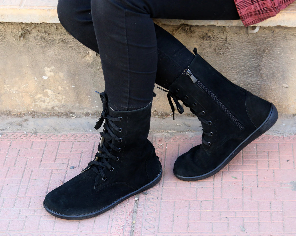 Nubuck Barefoot Long Boots Shoes – 6mm Rubber Sole – Black