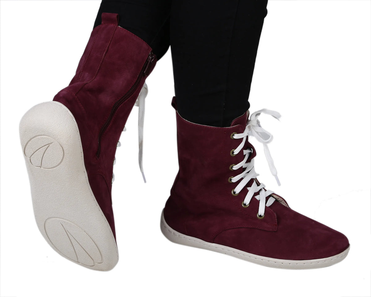 Nubuck Barefoot Long Boots Shoes – 6mm Rubber Sole – Burgundy