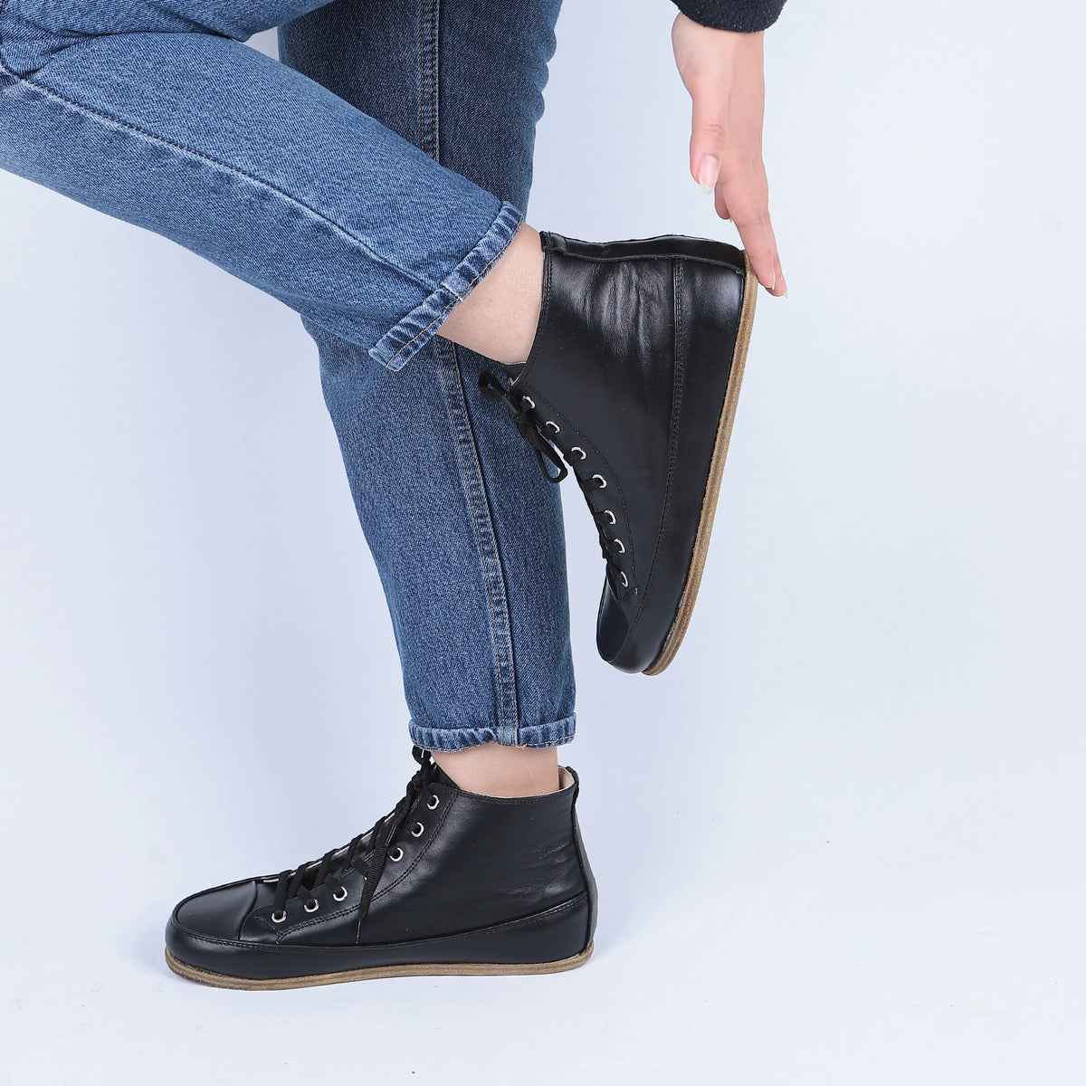 Smooth Barefoot Long Boots Converse Shoes – Classic Sole — Leather Sole – Full Black