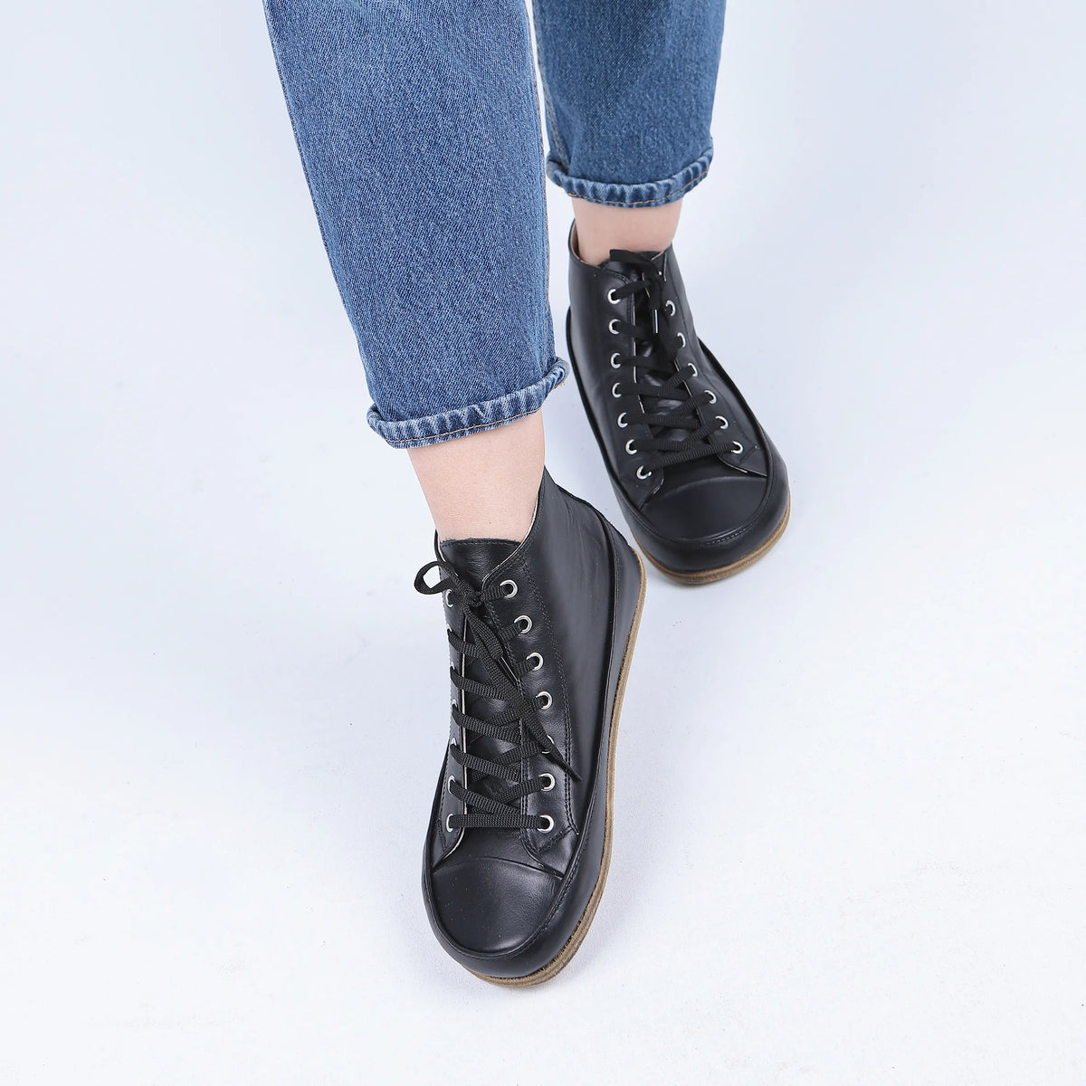 Smooth Barefoot Long Boots Converse Shoes – Classic Sole — Leather Sole – Full Black