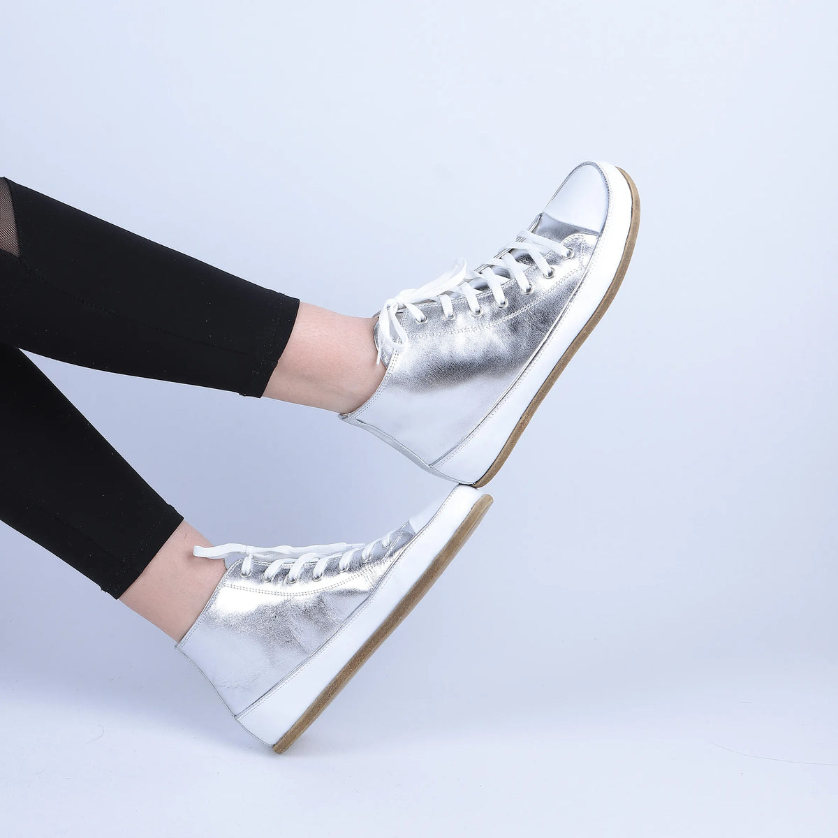 Bright Barefoot Long Boots Converse Shoes – Classic Sole — Leather Sole – Silver