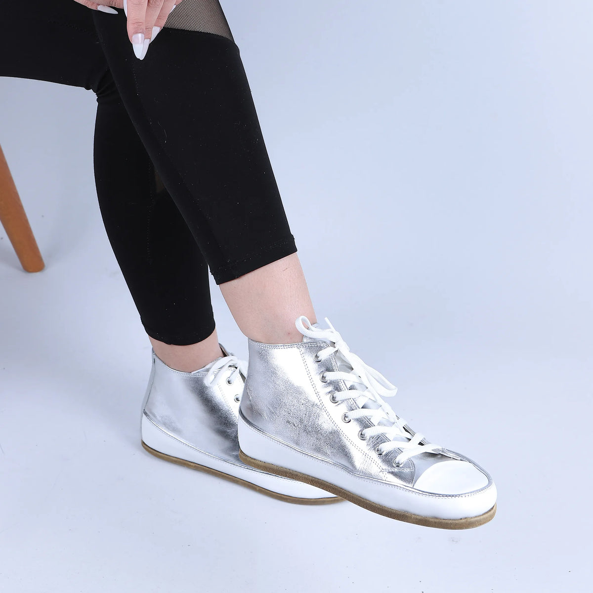 Bright Barefoot Long Boots Converse Shoes – Classic Sole — Leather Sole – Silver