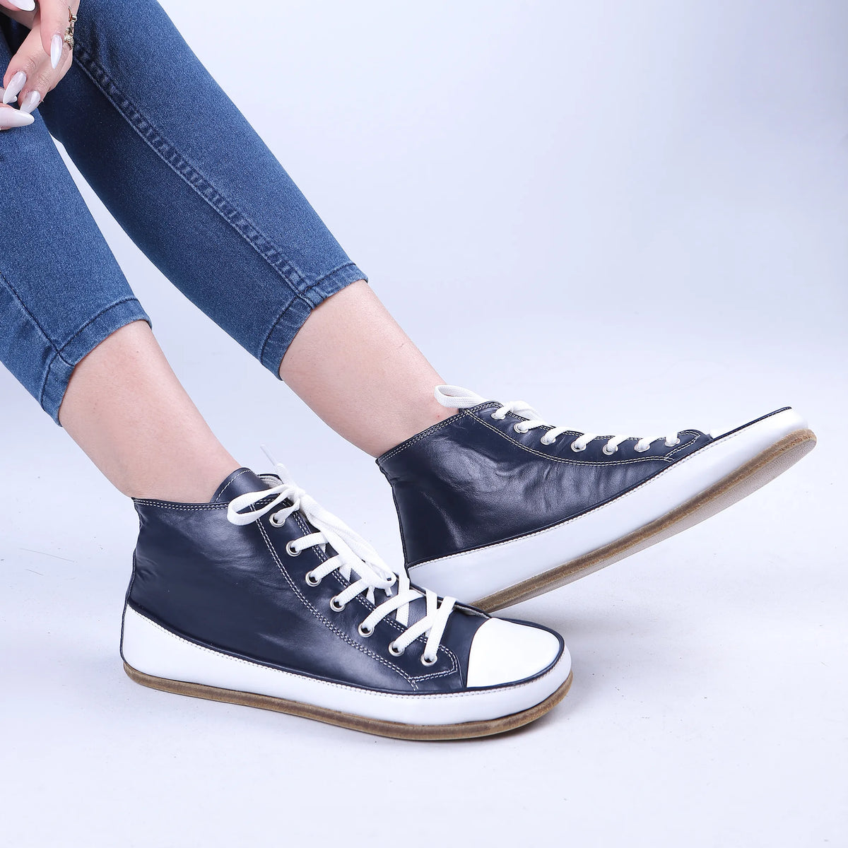 Smooth Barefoot Long Boots Converse Shoes – Classic Sole — Leather Sole – Navy Blue