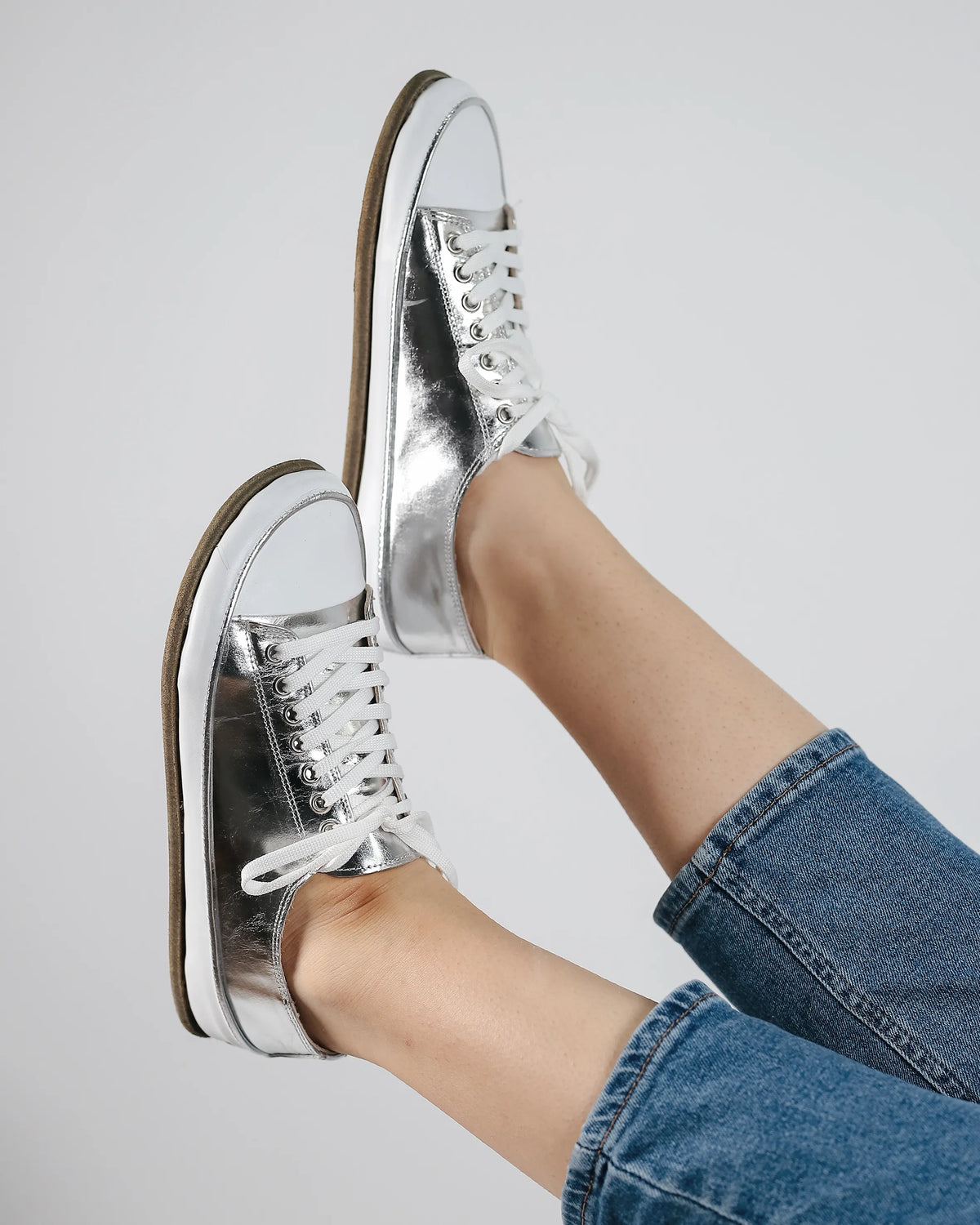 Bright Barefoot Converse Shoes – Classic Sole — Leather Sole – Silver