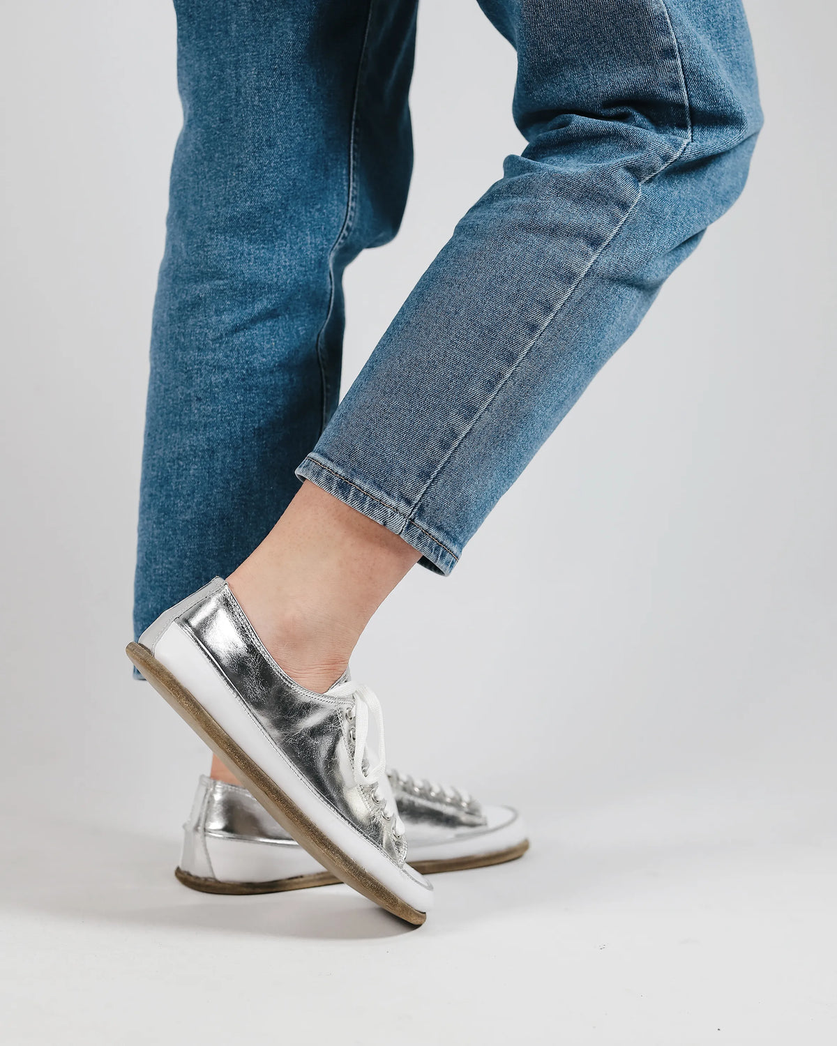 Bright Barefoot Converse Shoes – Classic Sole — Leather Sole – Silver