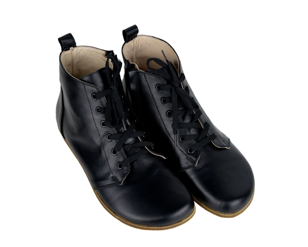 Smooth Barefoot Laces Short Boots Shoes – Classic Sole — Leather Sole – Black